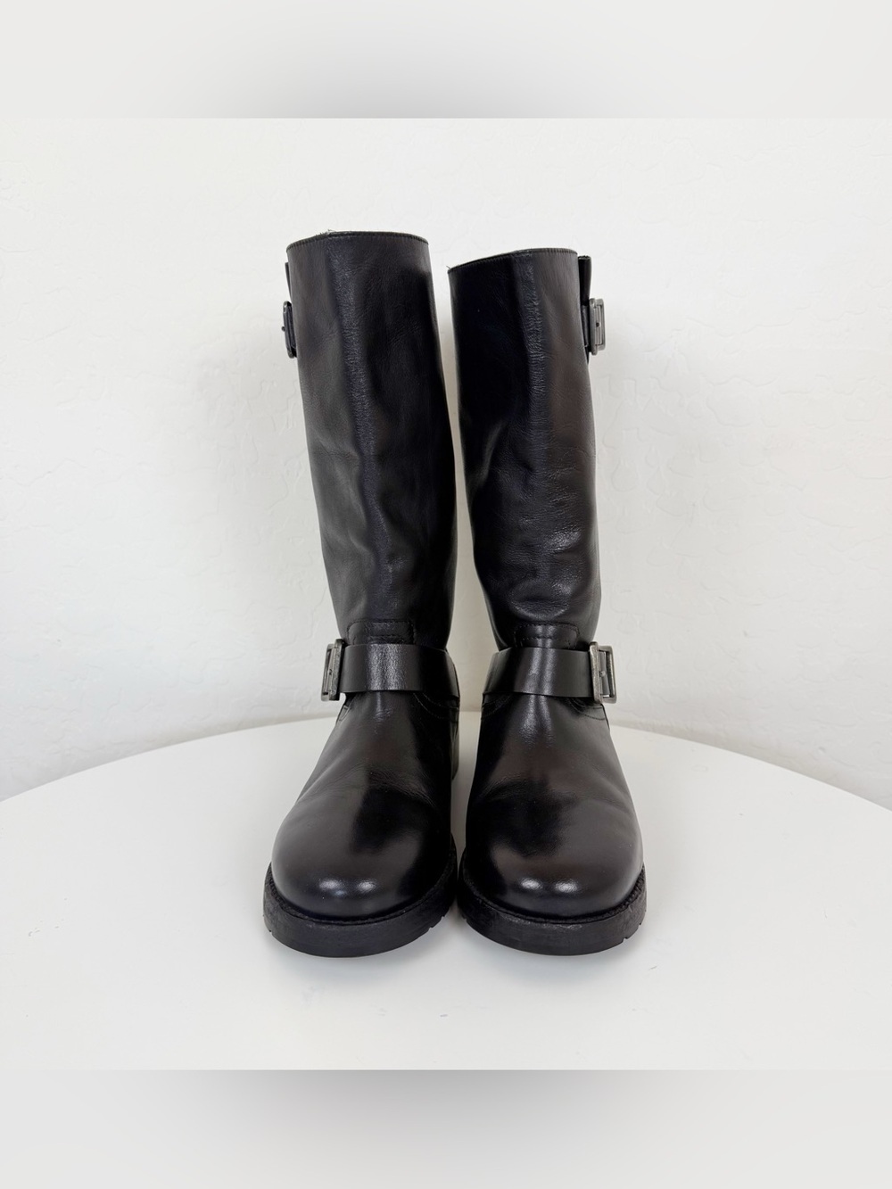Free People Black Leather Mid-Calf Buckle Heeled Boots - Picture 6 of 14
